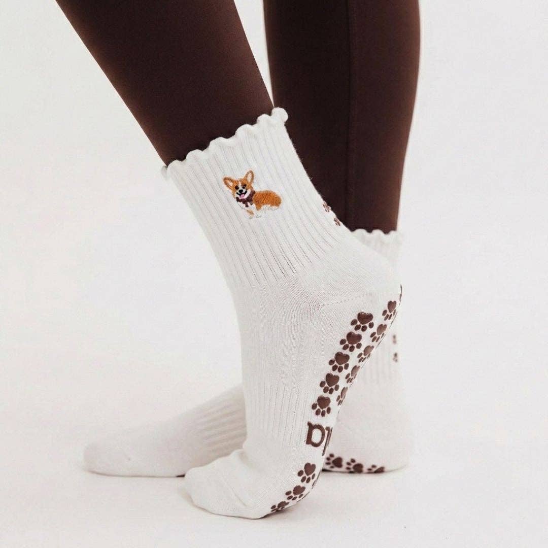 Corgi Embroidered Pilates Socks Brown Paw Grips
